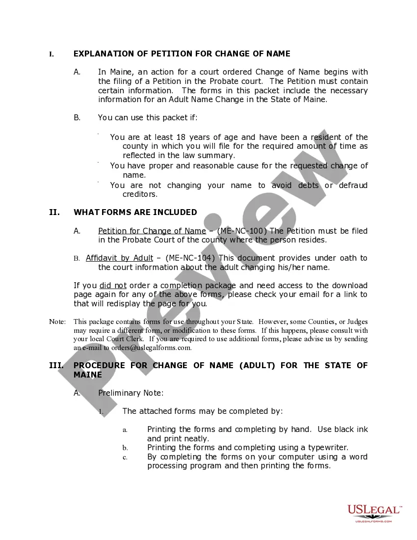 Preview Maine Name Change Instructions and Forms Package for an Adult