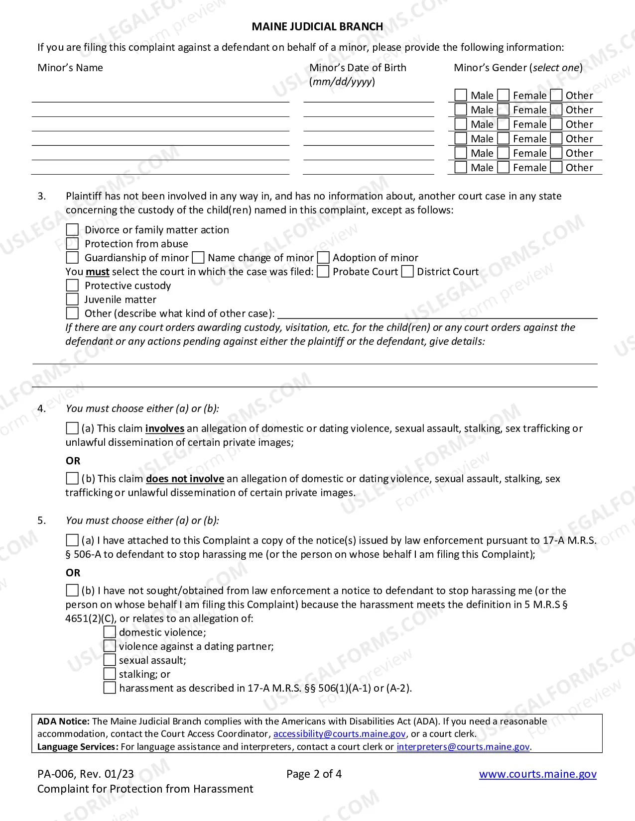Preview Complaint for Protection from Harassment
