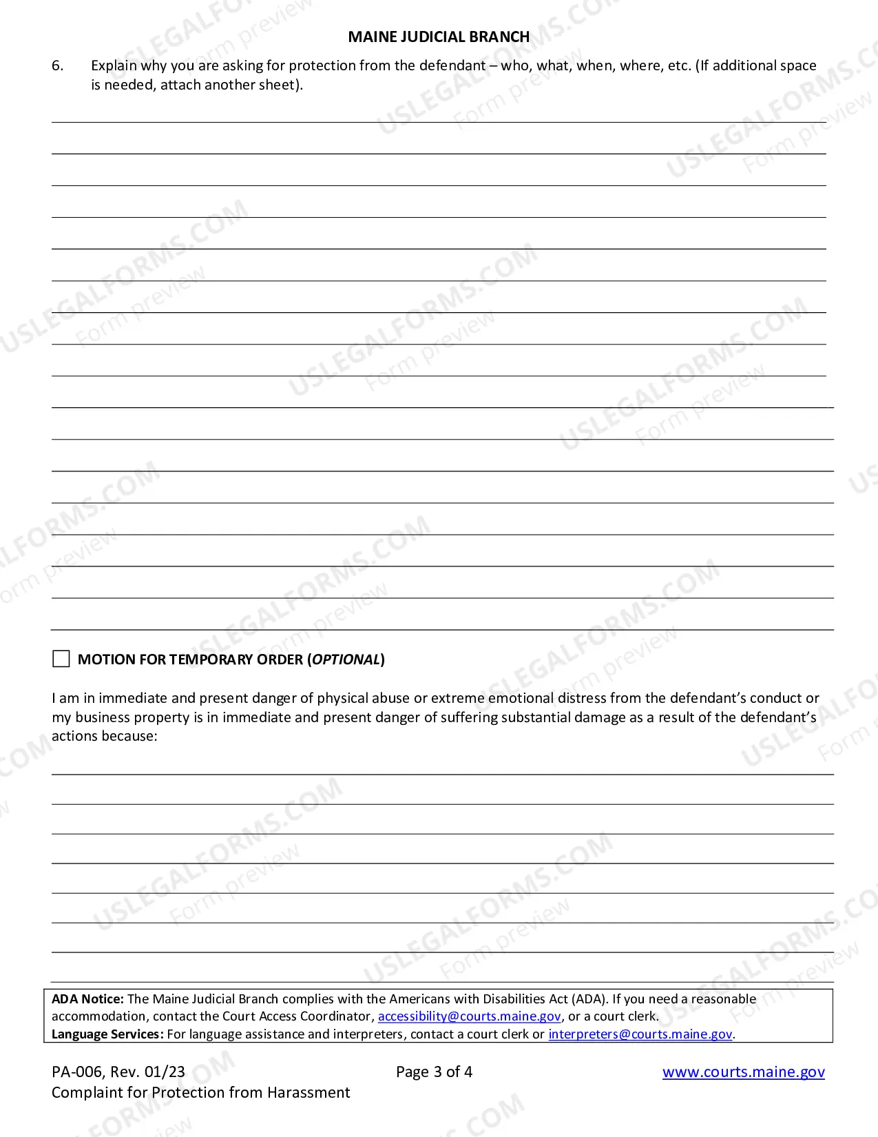 Preview Complaint for Protection from Harassment
