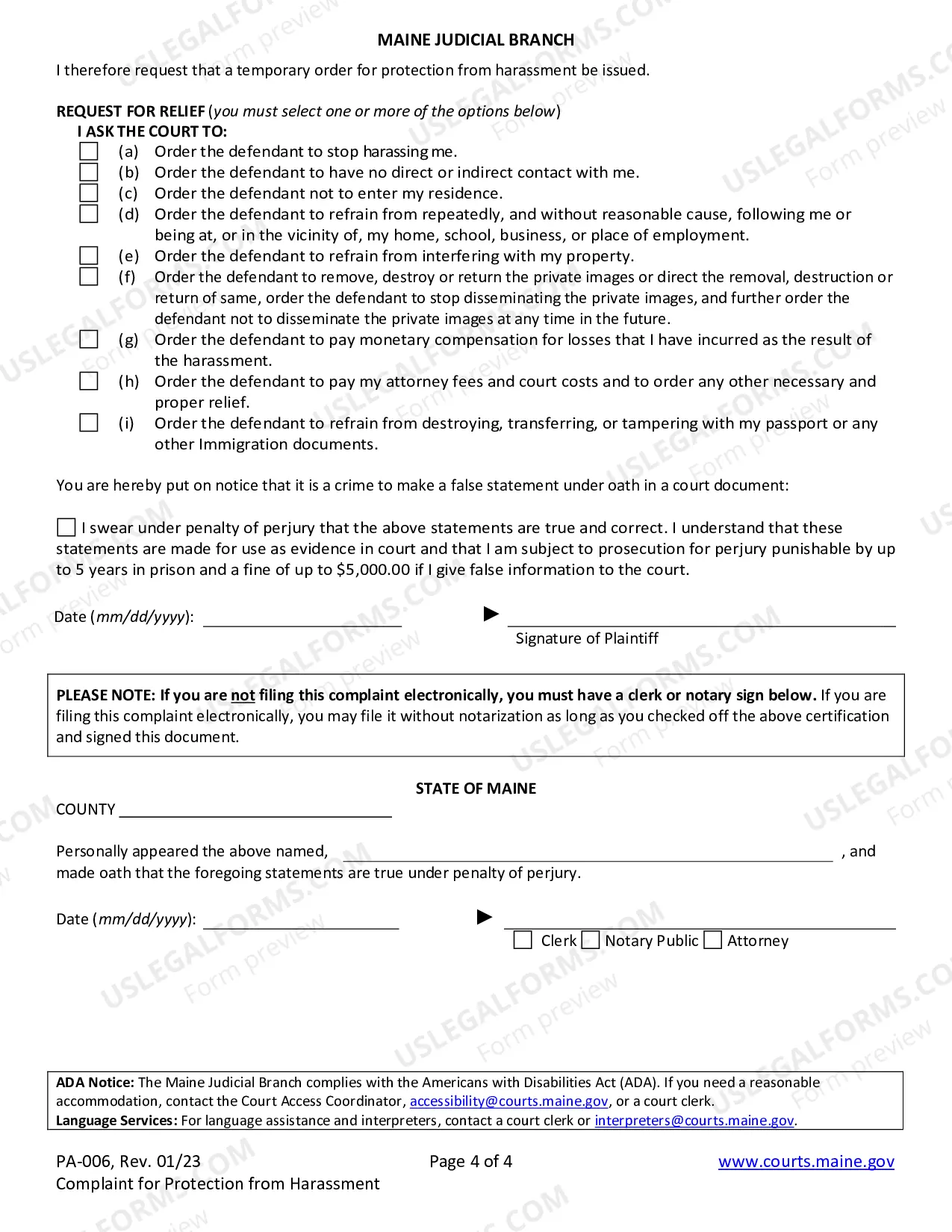 Preview Complaint for Protection from Harassment