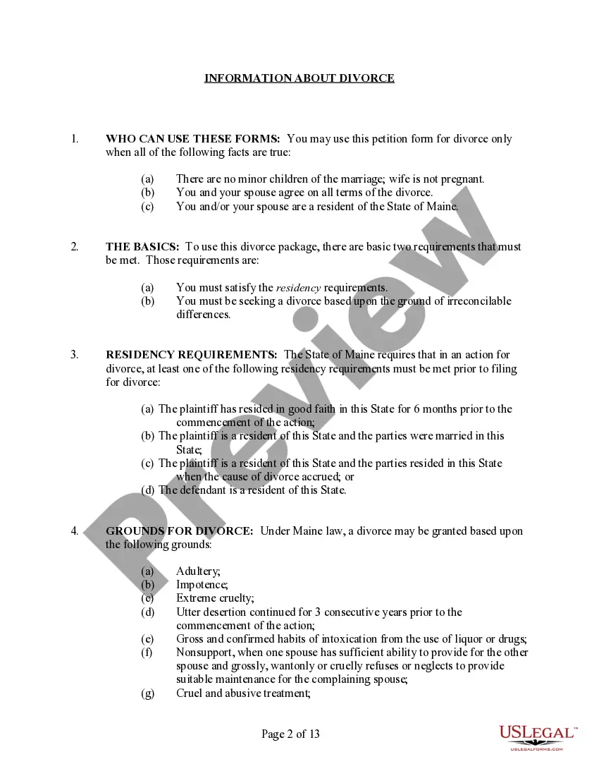 Preview Maine No-Fault Uncontested Agreed Divorce Package for Dissolution of Marriage with Adult Children and with or without Property and Debts