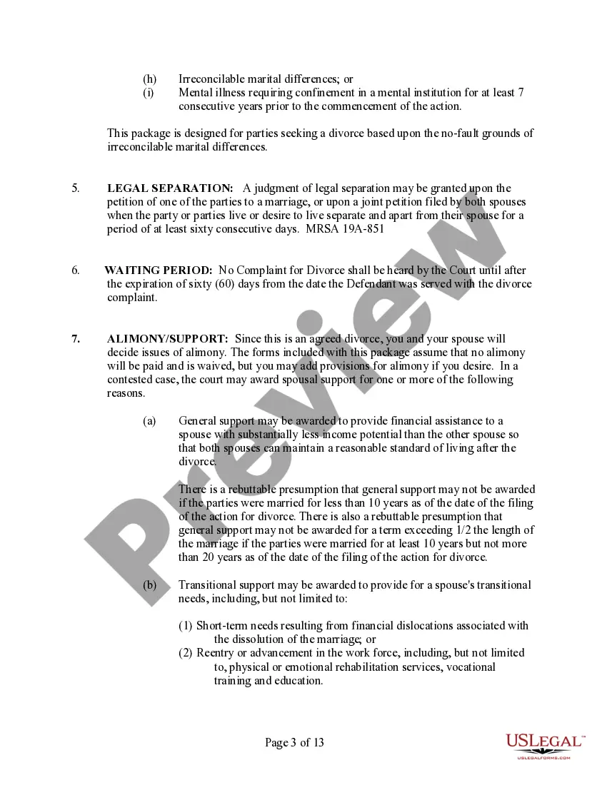 Preview Maine No-Fault Uncontested Agreed Divorce Package for Dissolution of Marriage with Adult Children and with or without Property and Debts