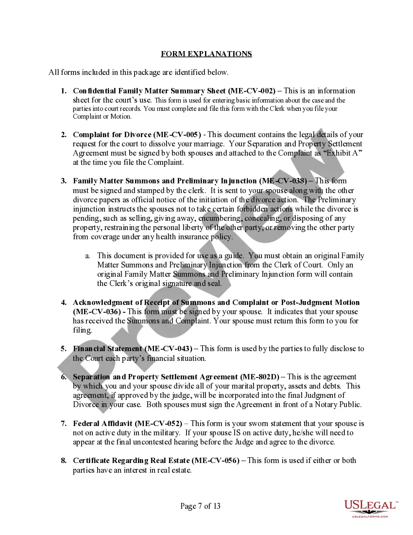 Preview Maine No-Fault Uncontested Agreed Divorce Package for Dissolution of Marriage with Adult Children and with or without Property and Debts