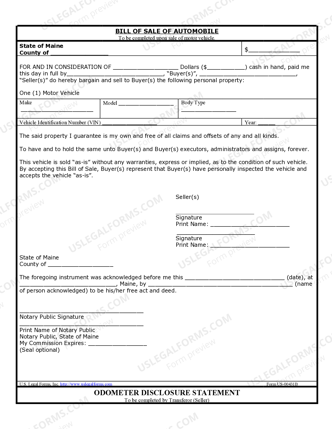 Maine Bill of Sale of Automobile and Odometer Statement for As Bill