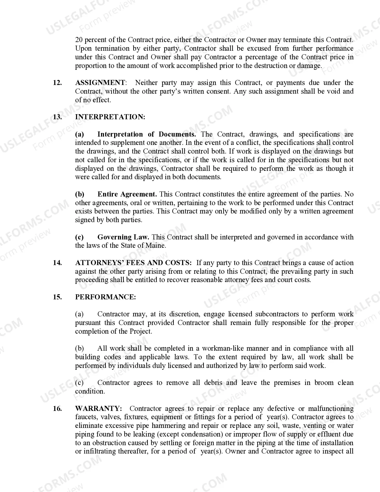 Preview Plumbing Contract for Contractor