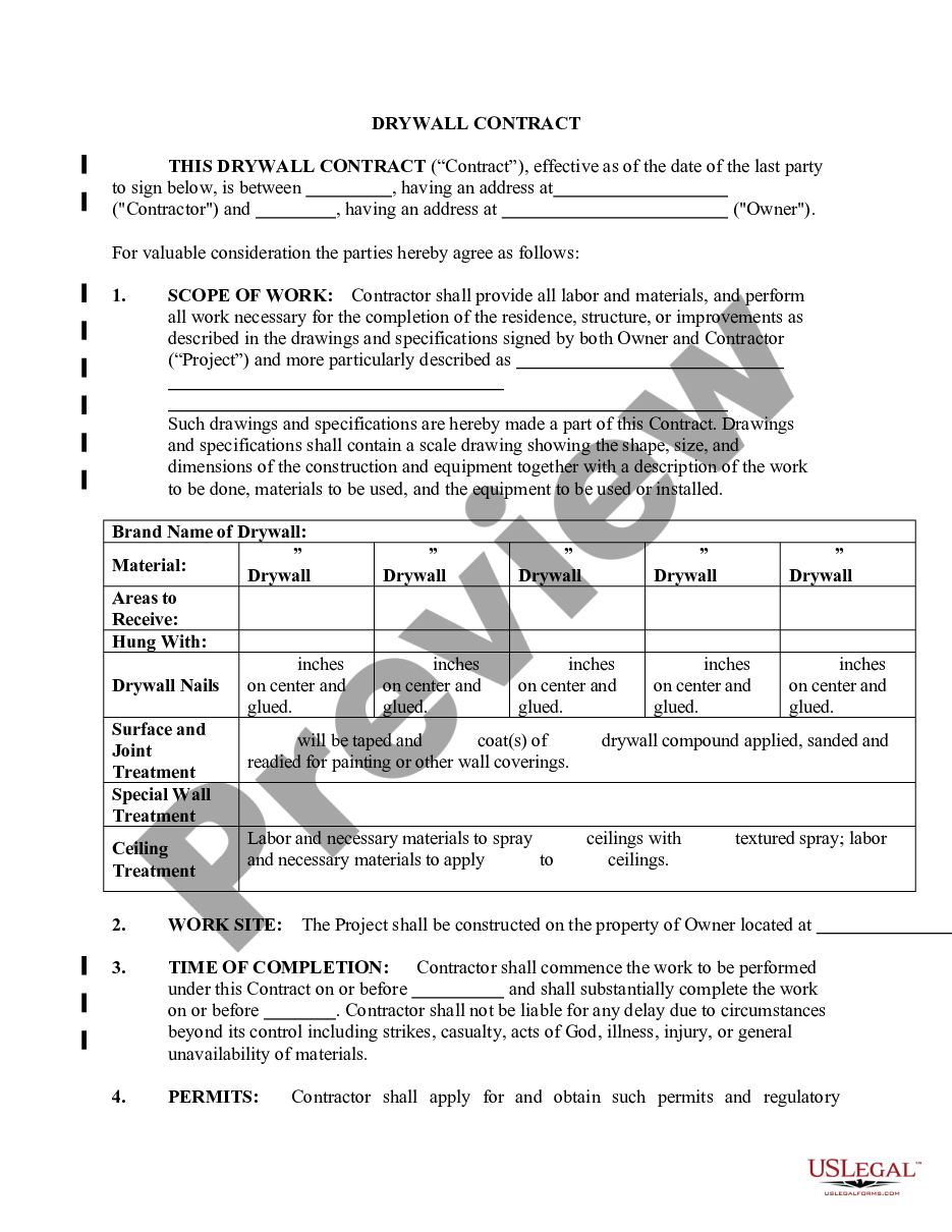 page 0 Sheetrock Drywall Contract for Contractor preview