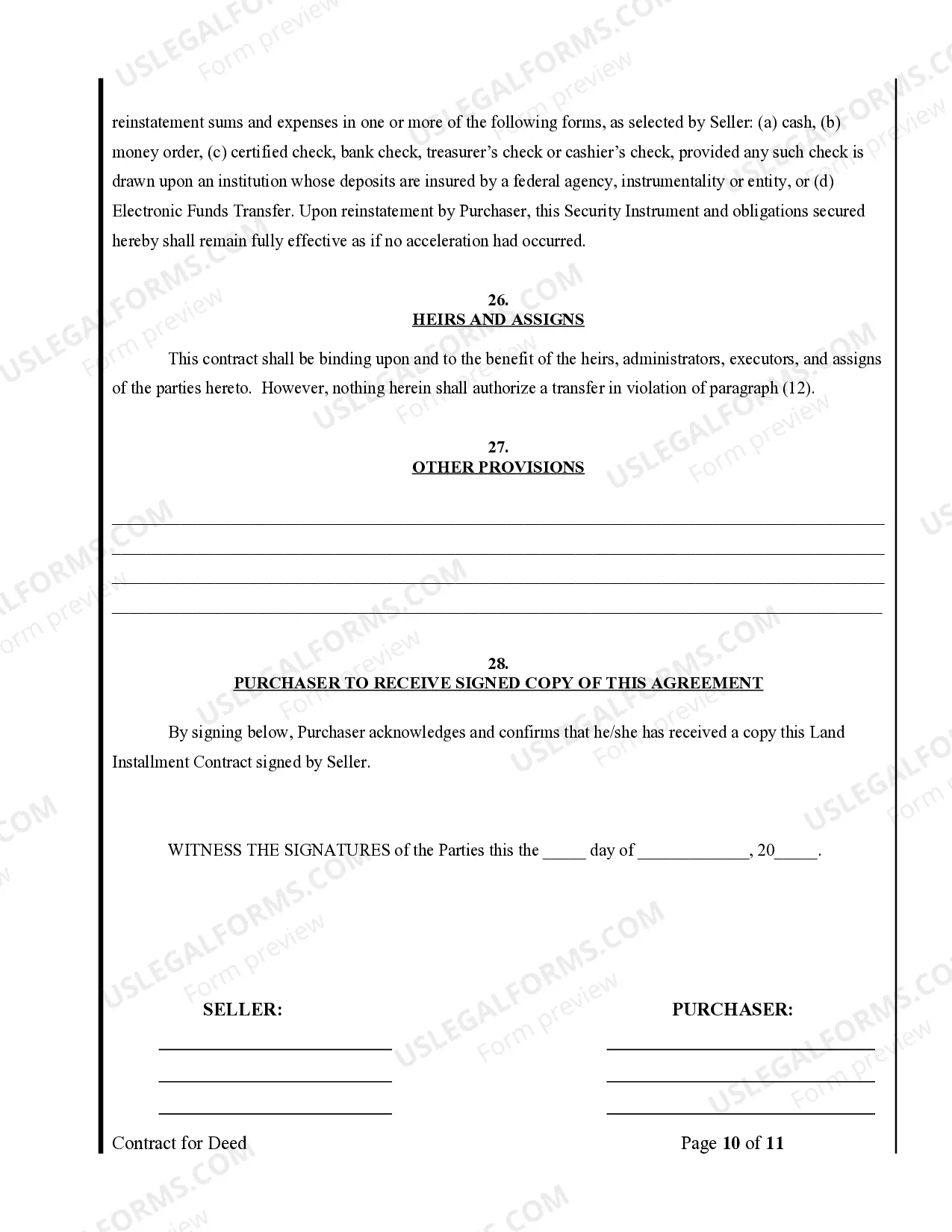 Preview Agreement or Contract for Deed for Sale and Purchase of Real Estate a/k/a Land or Executory Contract