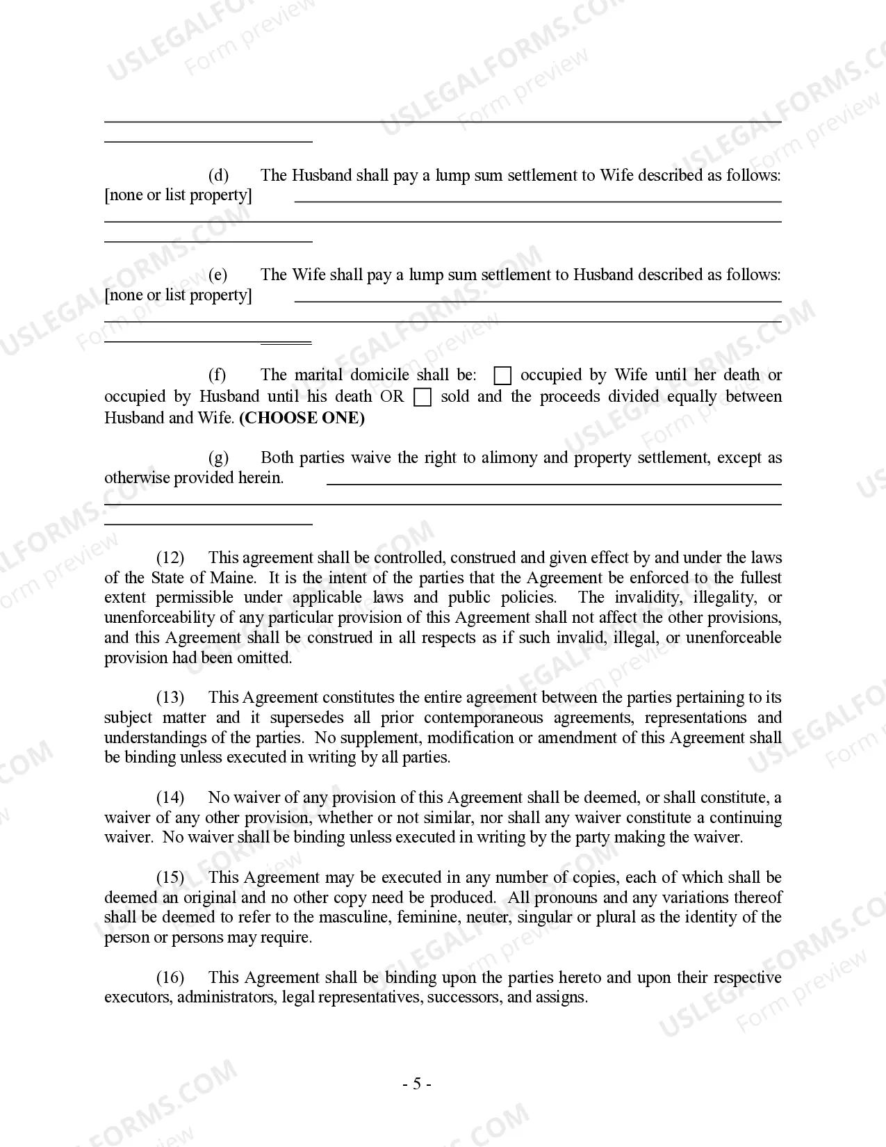 Preview Maine Prenuptial Premarital Agreement without Financial Statements