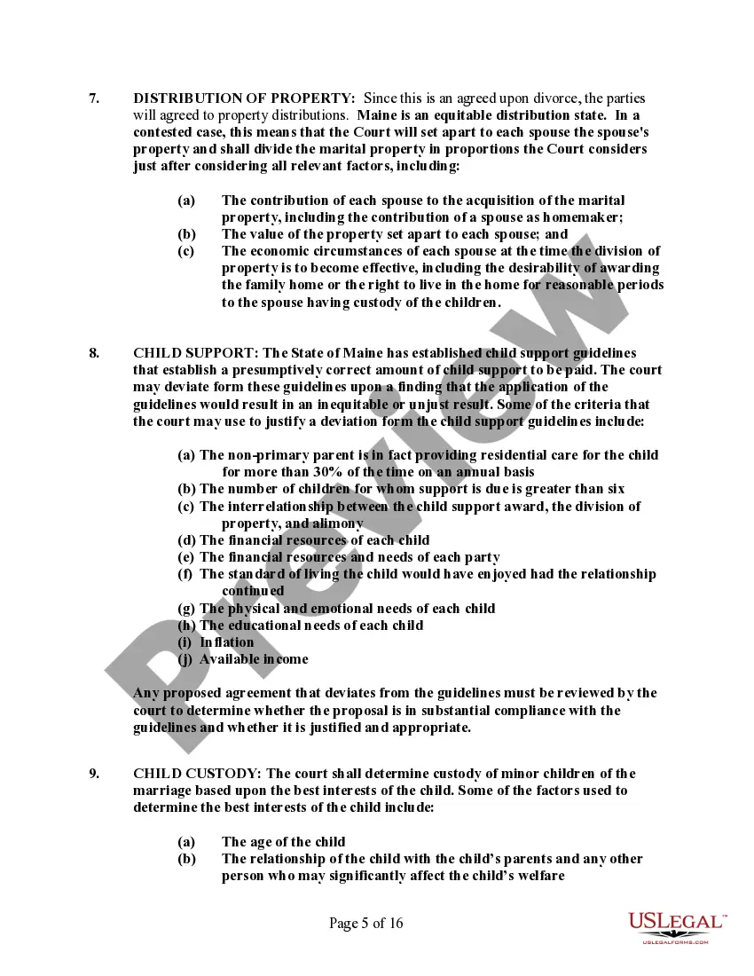 Preview Maine No-Fault Agreed Uncontested Divorce Package for Dissolution of Marriage for people with Minor Children