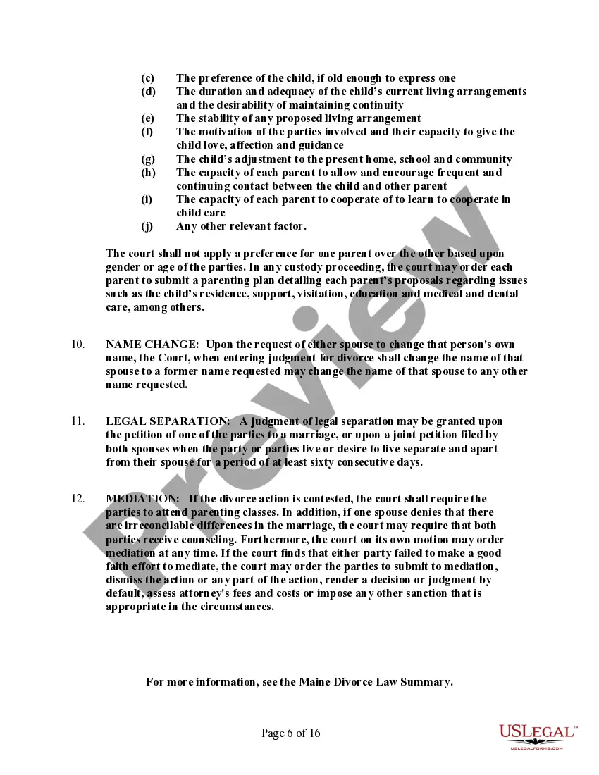 Preview Maine No-Fault Agreed Uncontested Divorce Package for Dissolution of Marriage for people with Minor Children