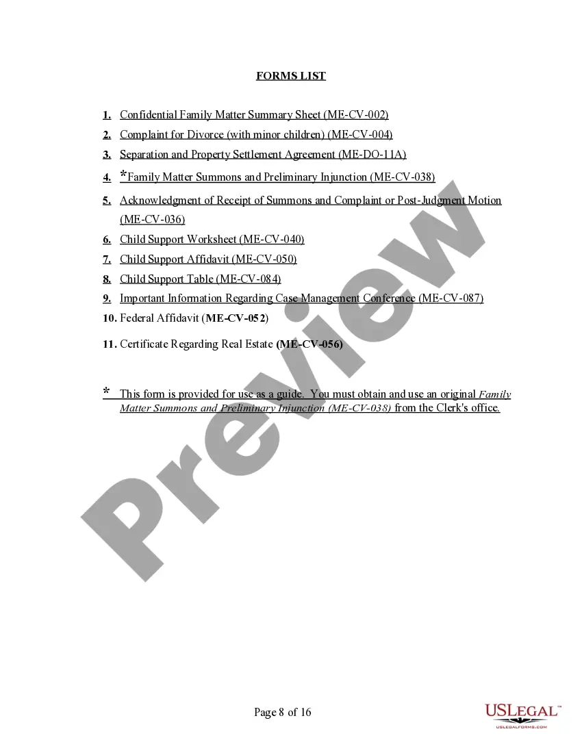 Preview Maine No-Fault Agreed Uncontested Divorce Package for Dissolution of Marriage for people with Minor Children