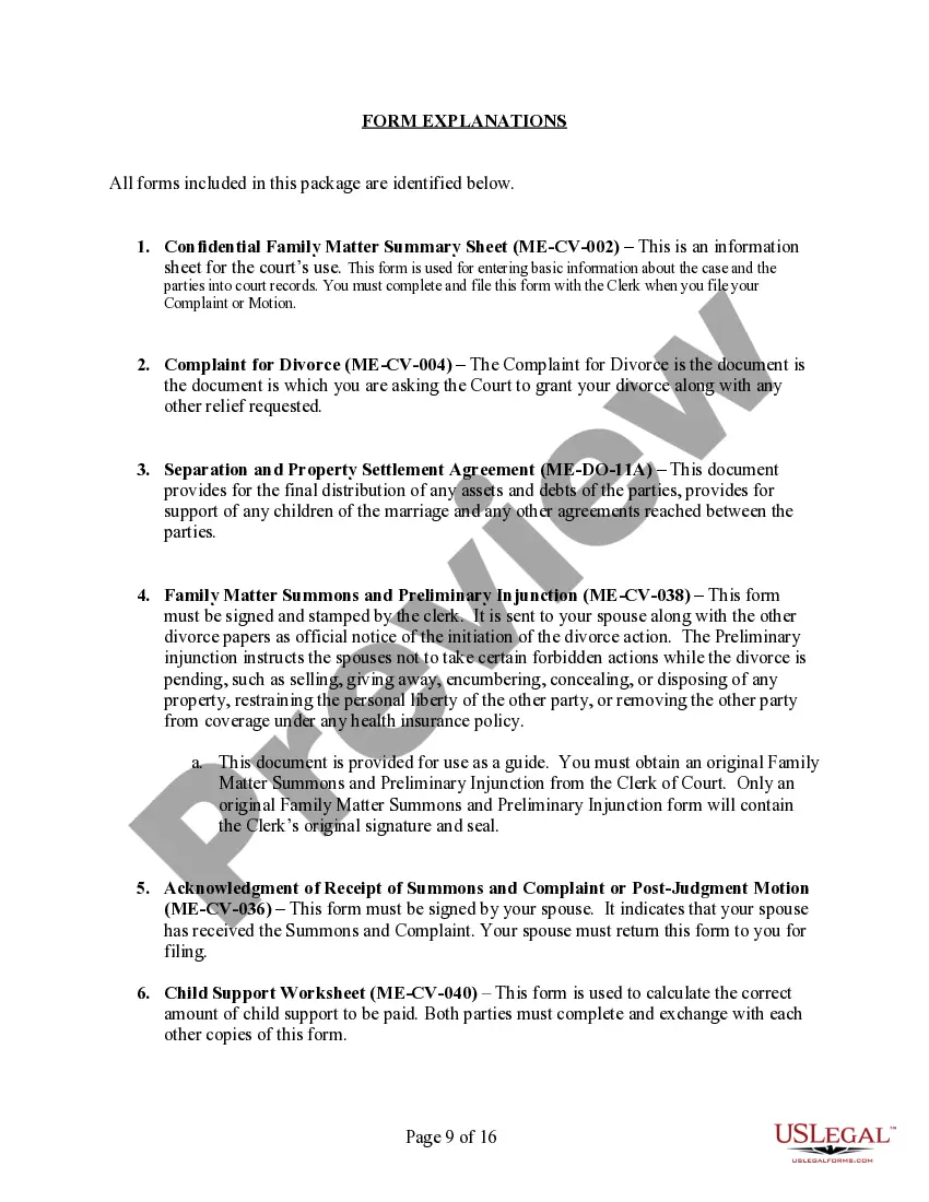 Preview Maine No-Fault Agreed Uncontested Divorce Package for Dissolution of Marriage for people with Minor Children
