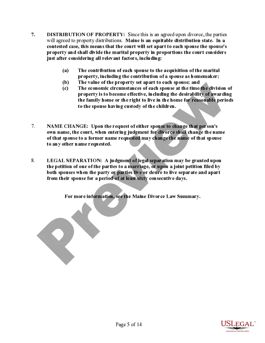 Preview Maine No-Fault Agreed Uncontested Divorce Package for Dissolution of Marriage for Persons with No Children with or without Property and Debts