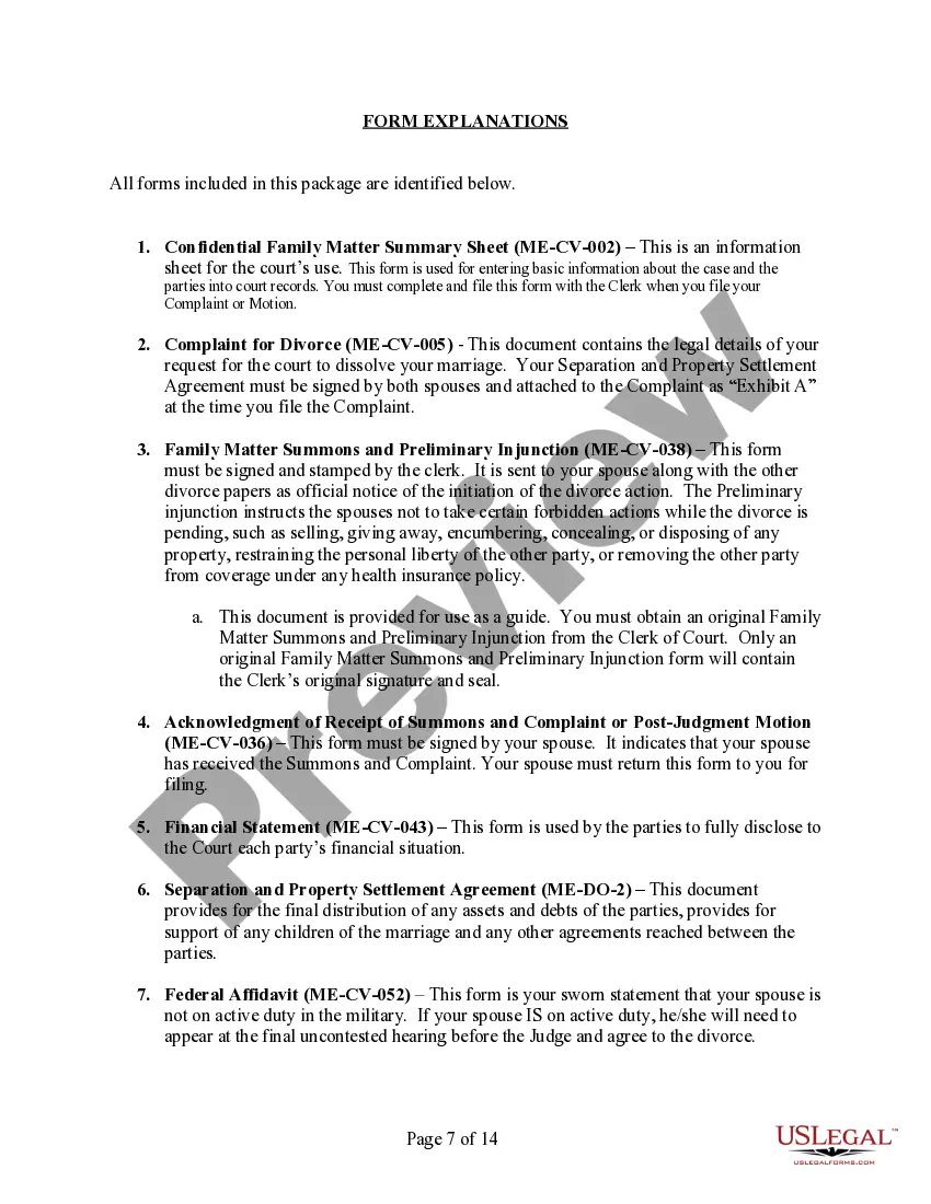 Preview Maine No-Fault Agreed Uncontested Divorce Package for Dissolution of Marriage for Persons with No Children with or without Property and Debts