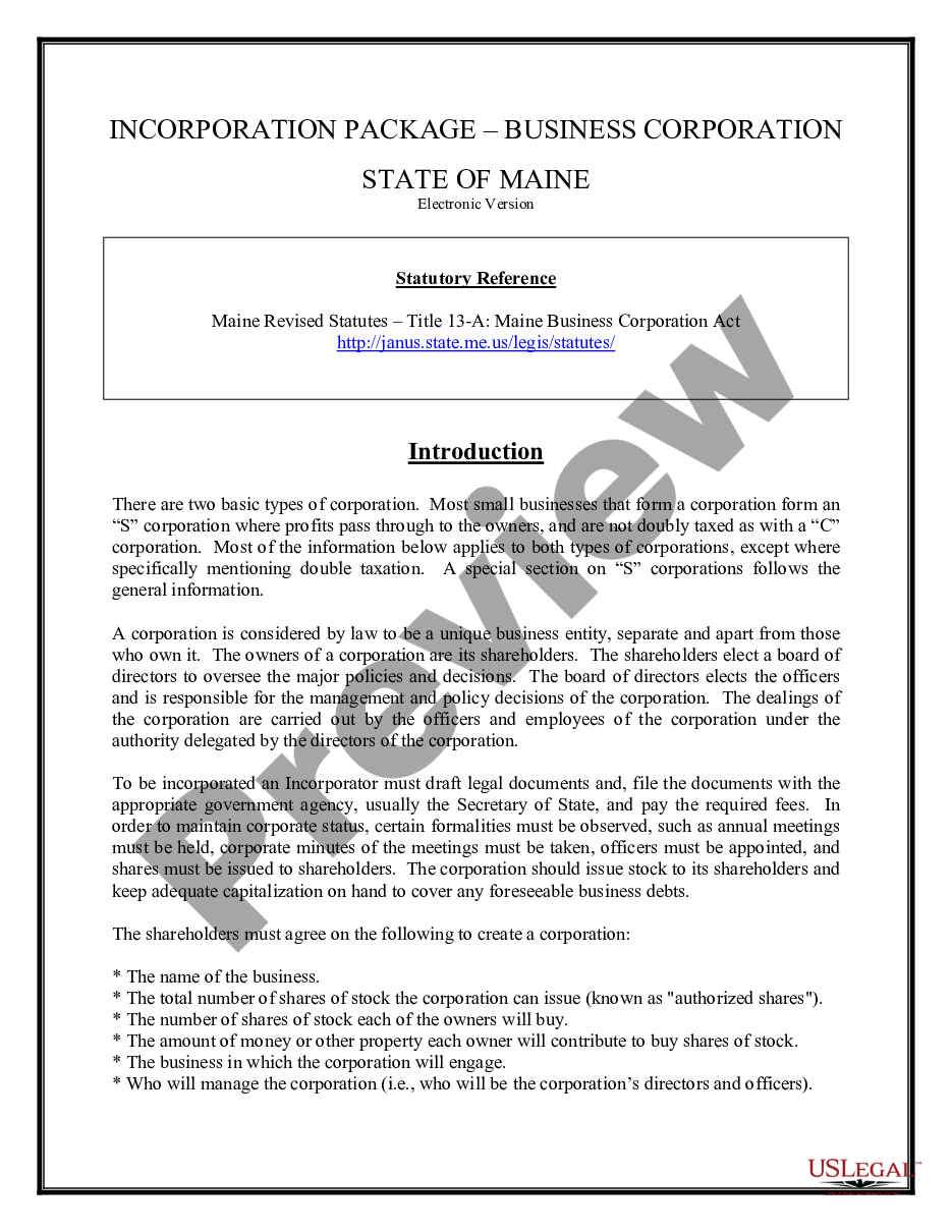 page 1 Maine Business Incorporation Package to Incorporate Corporation preview