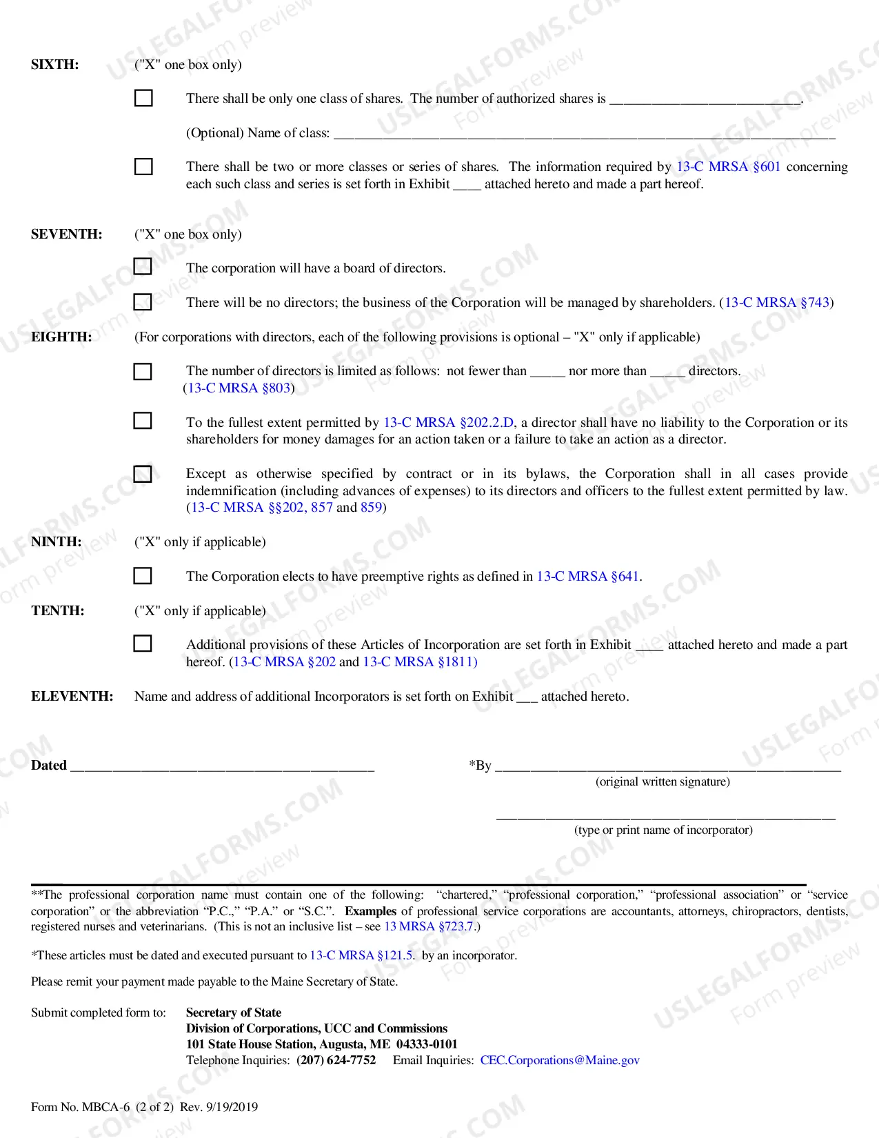 Preview Maine Articles of Incorporation for Domestic For-Profit Corporation