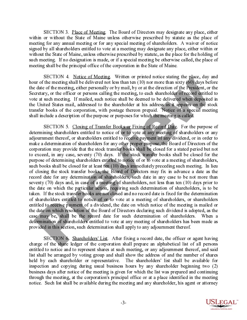 Preview Maine Bylaws for Corporation
