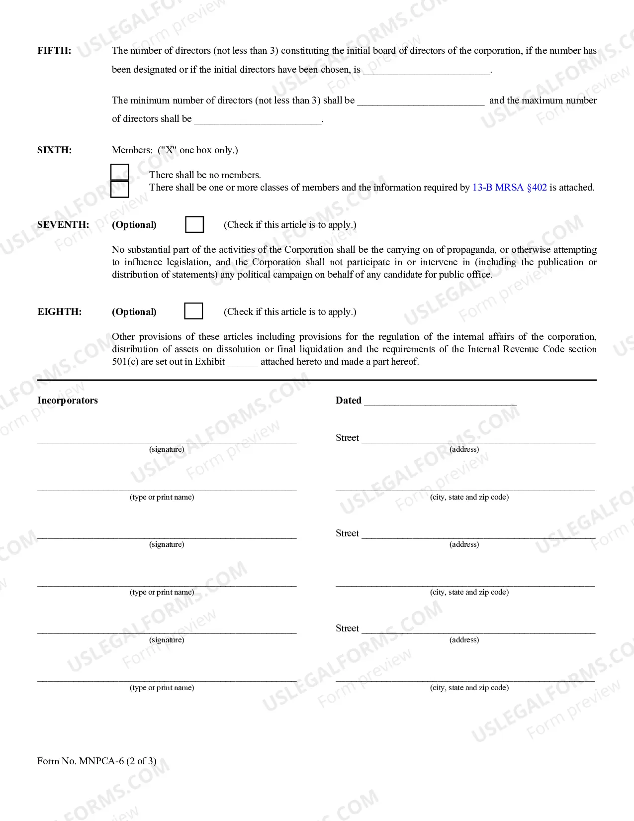 Preview Maine Articles of Incorporation for Domestic Nonprofit Corporation