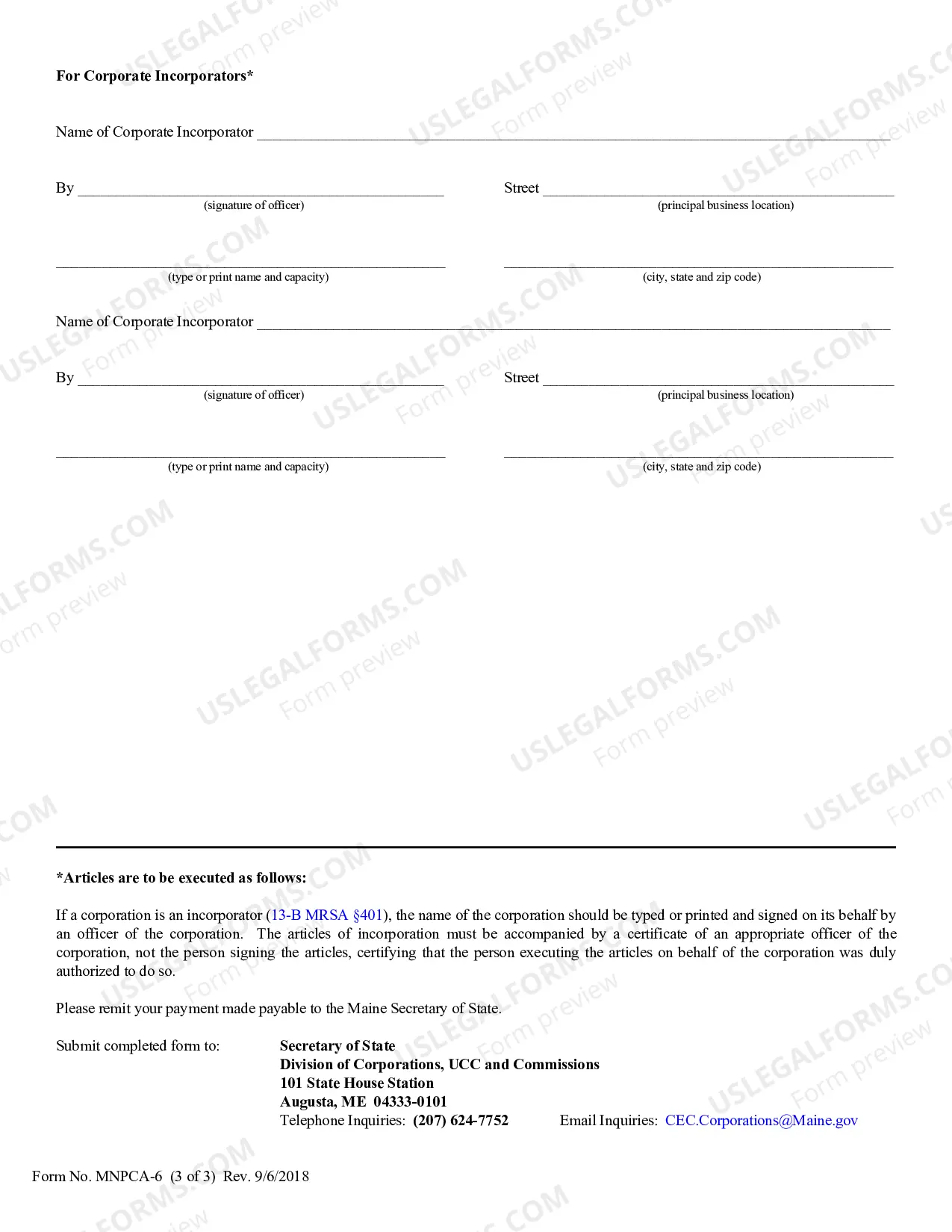 Preview Maine Articles of Incorporation for Domestic Nonprofit Corporation