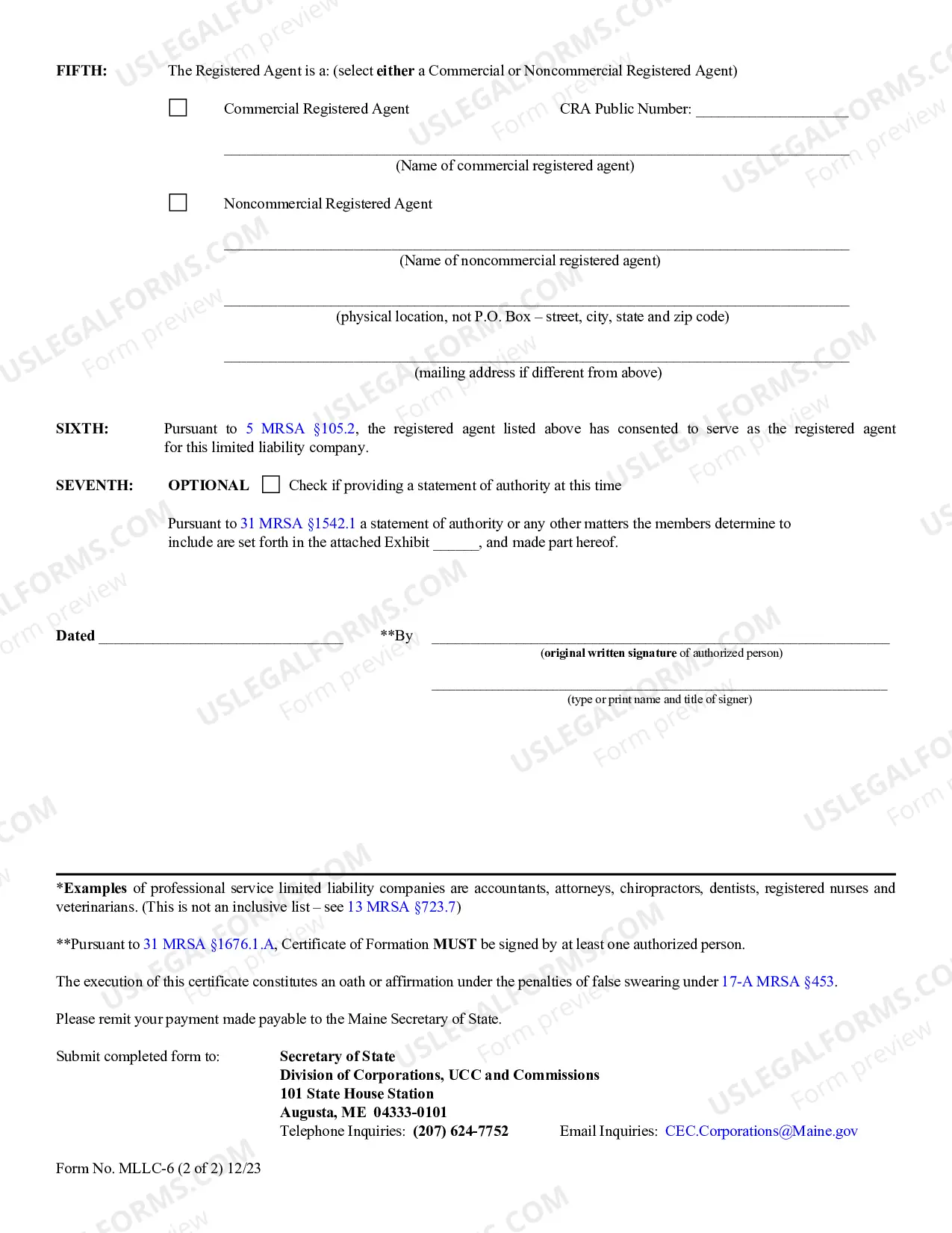 Preview Maine Articles of Organization for Domestic Limited Liability Company LLC