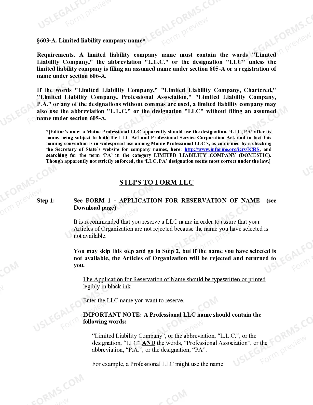 Preview Maine Professional Limited Liability Company PLLC Formation Package