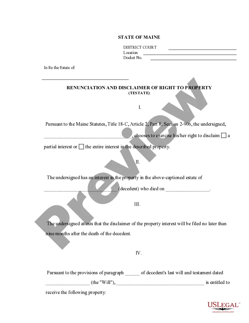 Preview Maine Renunciation and Disclaimer of Property from Will by Testate