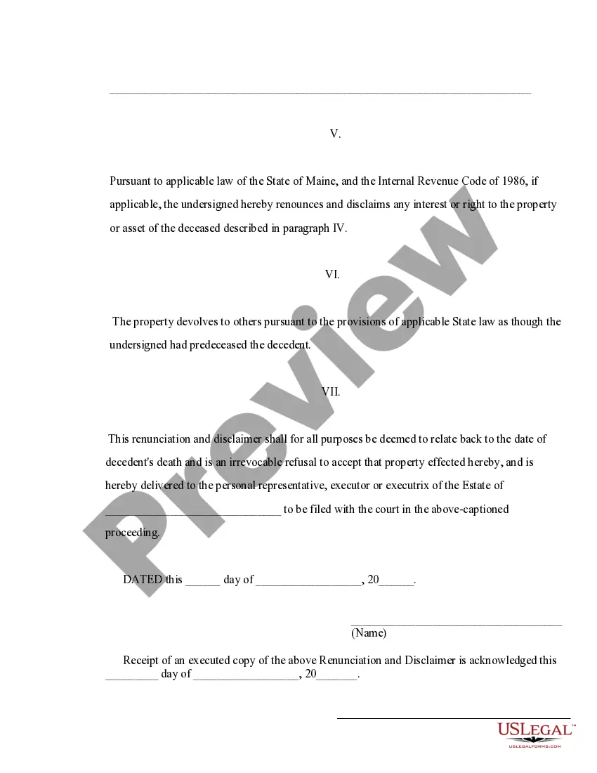 Preview Maine Renunciation and Disclaimer of Property from Will by Testate