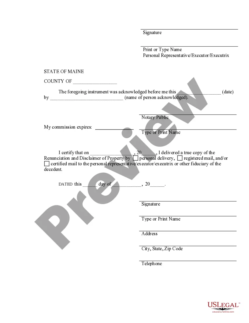 Preview Maine Renunciation and Disclaimer of Property from Will by Testate