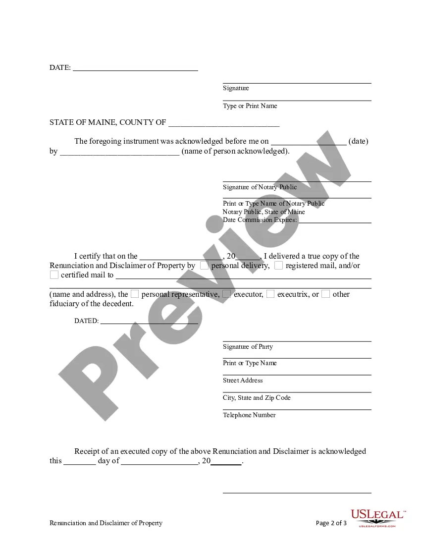 Preview Maine Renunciation and Disclaimer of Property received by Intestate Succession