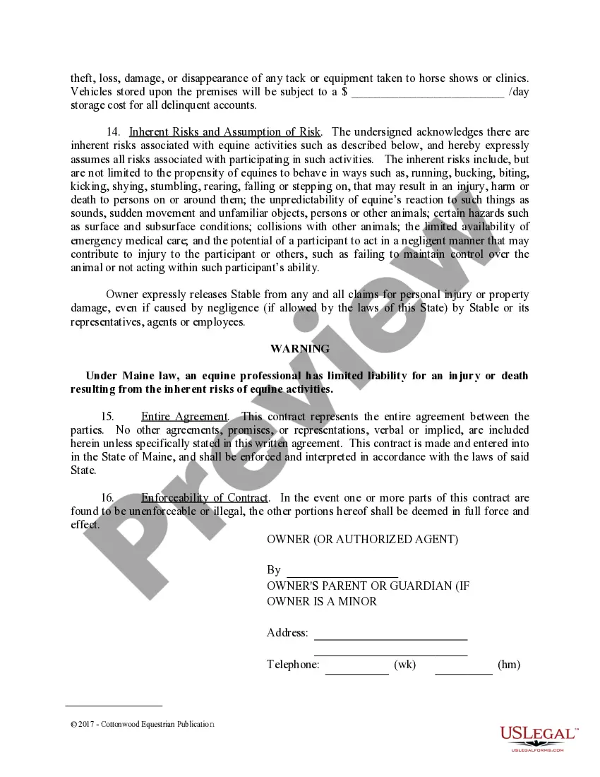 Preview Boarding Stable Agreement - Horse Equine Forms