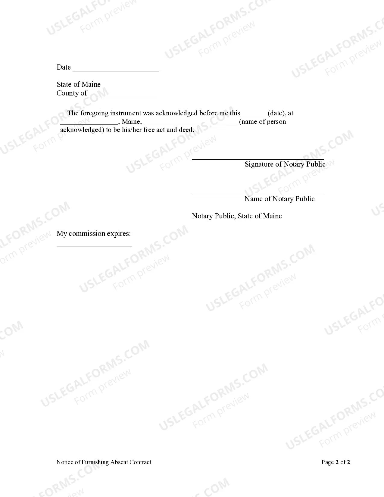 Preview Notice of Furnishing Absent Contract - Individual