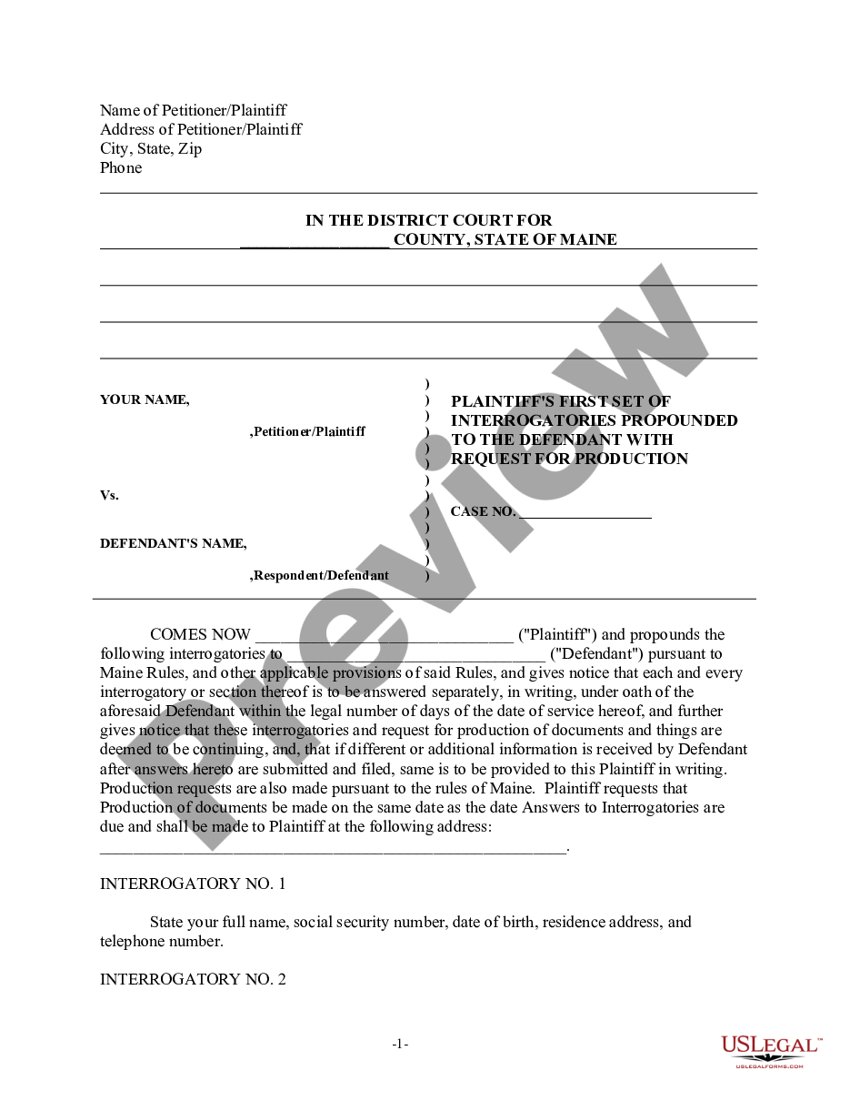 Maine Discovery Interrogatories from Plaintiff to Defendant with