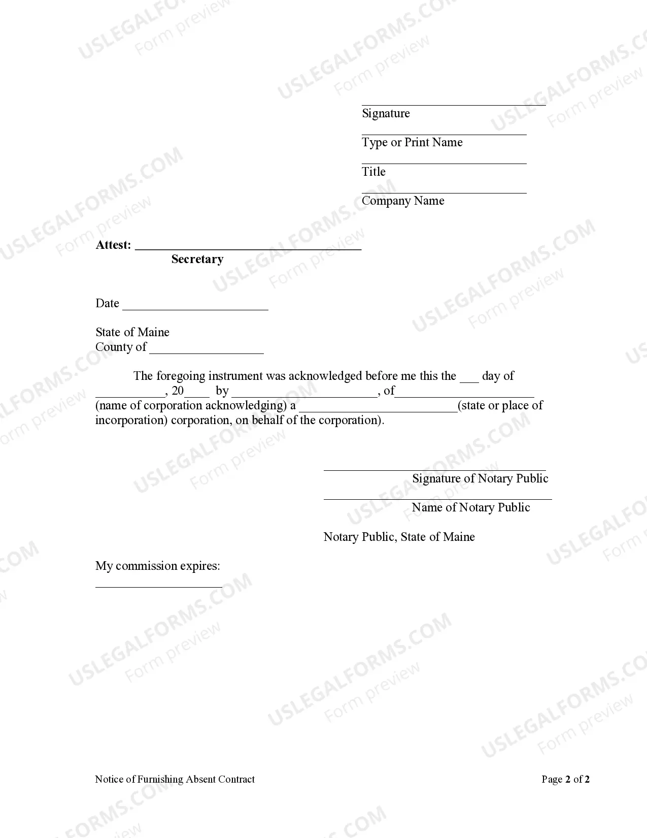 Preview Notice of Furnishing Absent Contract - Corporation or LLC