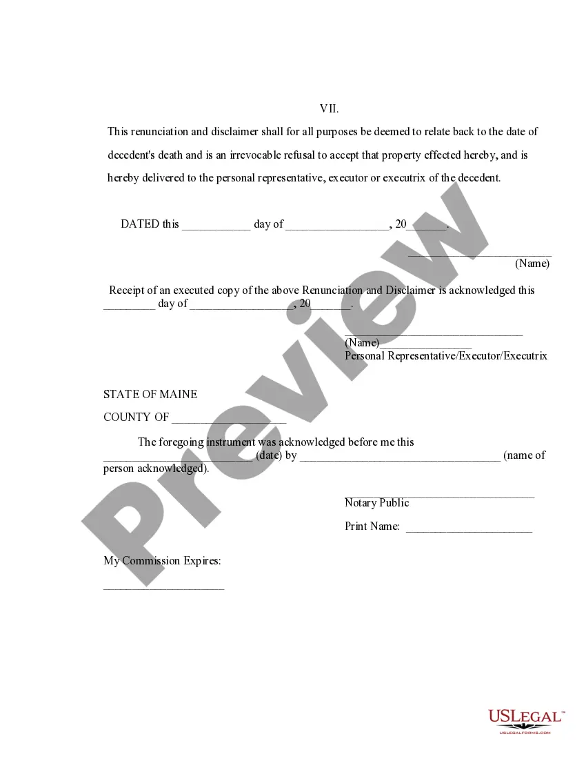 Preview Maine Renunciation and Disclaimer of Joint Tenant or Tenancy Interest