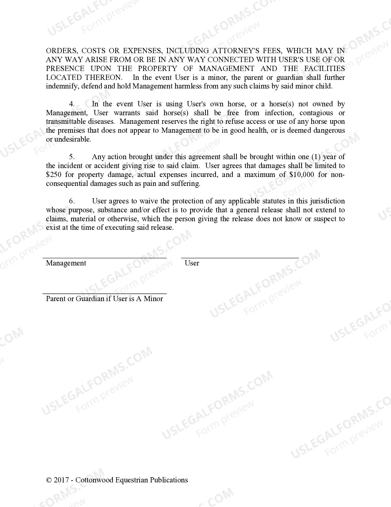 Preview Lesson, Horse Rental or Lease, and Arena Use Release - Horse Equine Forms