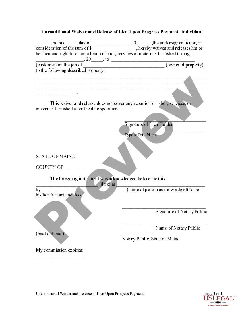 Preview Unconditional Waiver and Release Upon Progress Payment - Individual