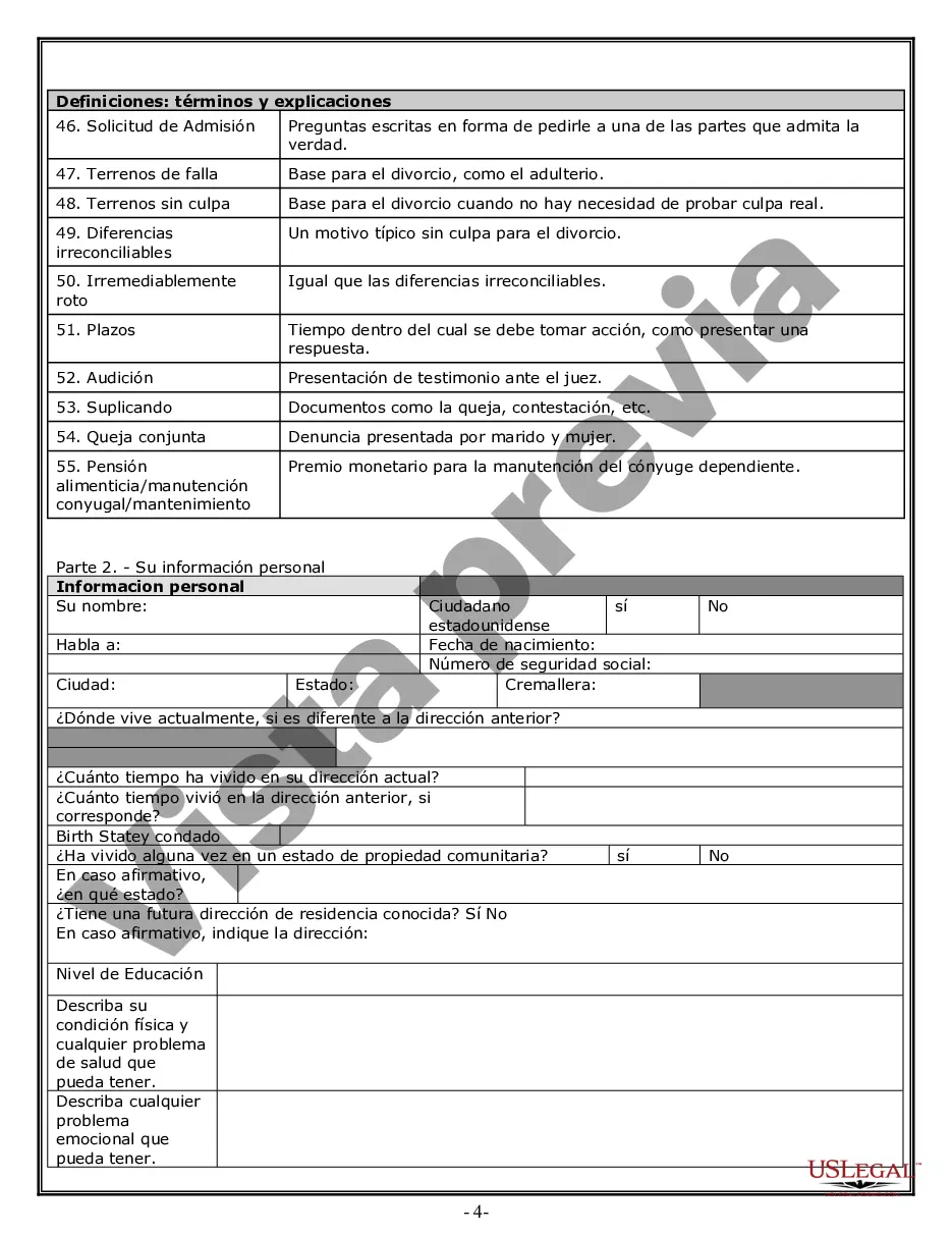 Preview Hoja de trabajo de divorcio y resumen de la ley para casos disputados o no disputados de más de 25 páginas - Formulario de entrevista de cliente ideal