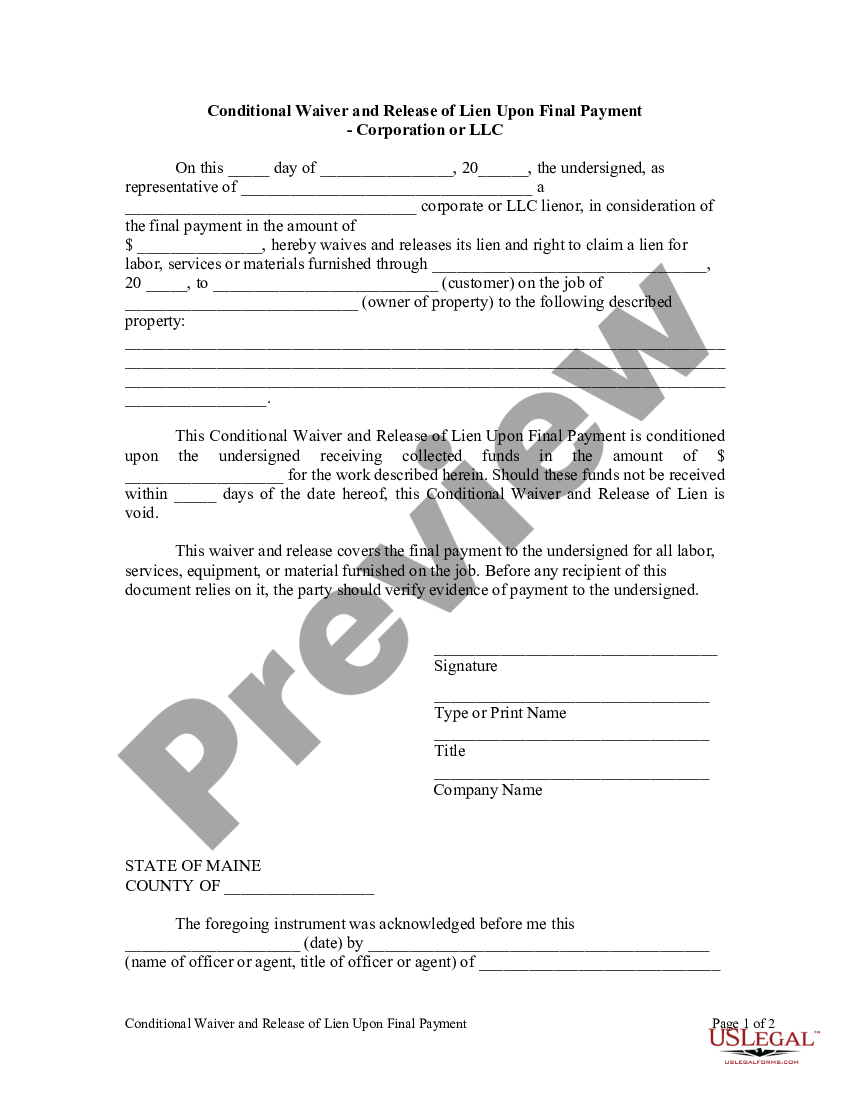 Conditional Waiver On Final Payment Form Form | US Legal Forms