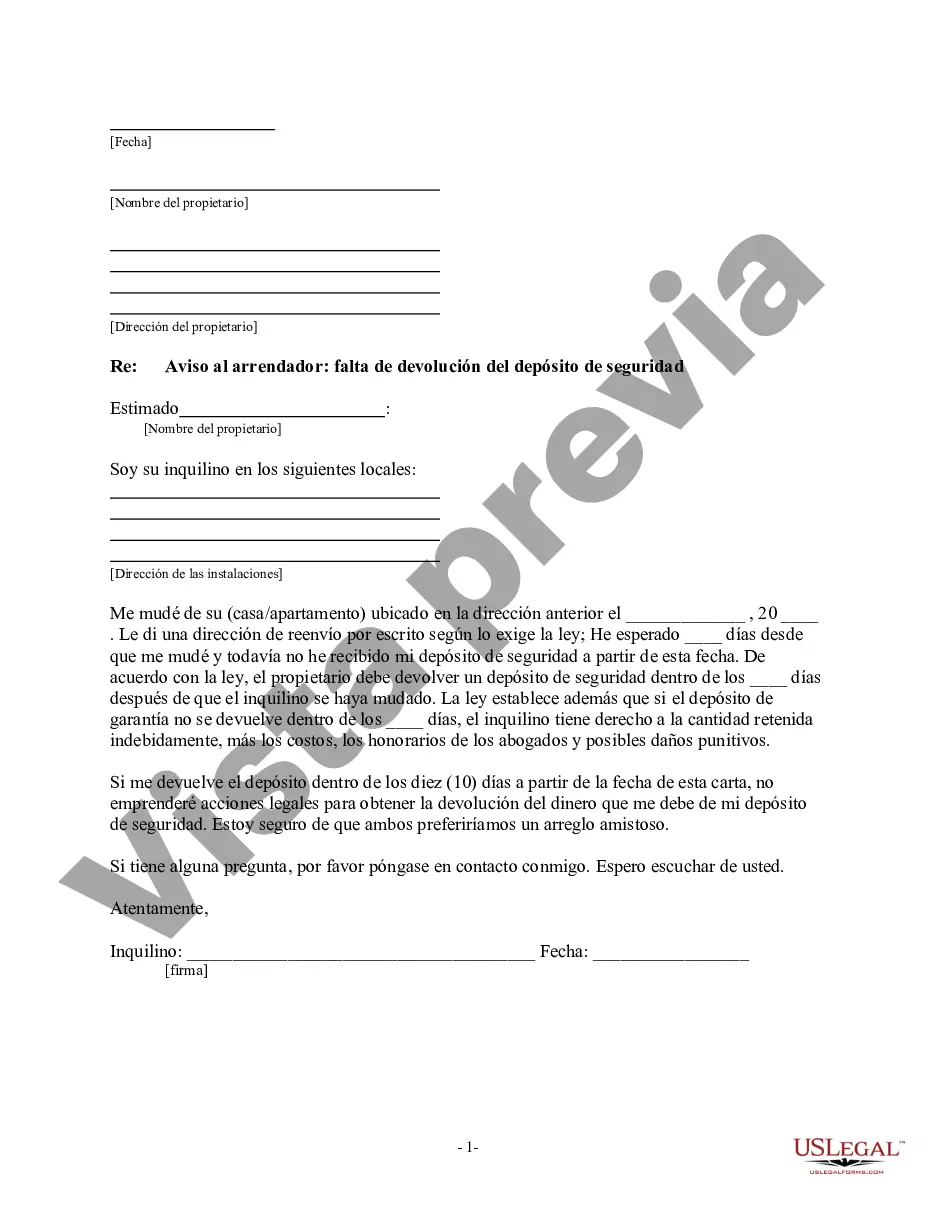 Preview Carta del Inquilino al Propietario que contiene Aviso de incumplimiento en la devolución del depósito de seguridad y demanda de devolución