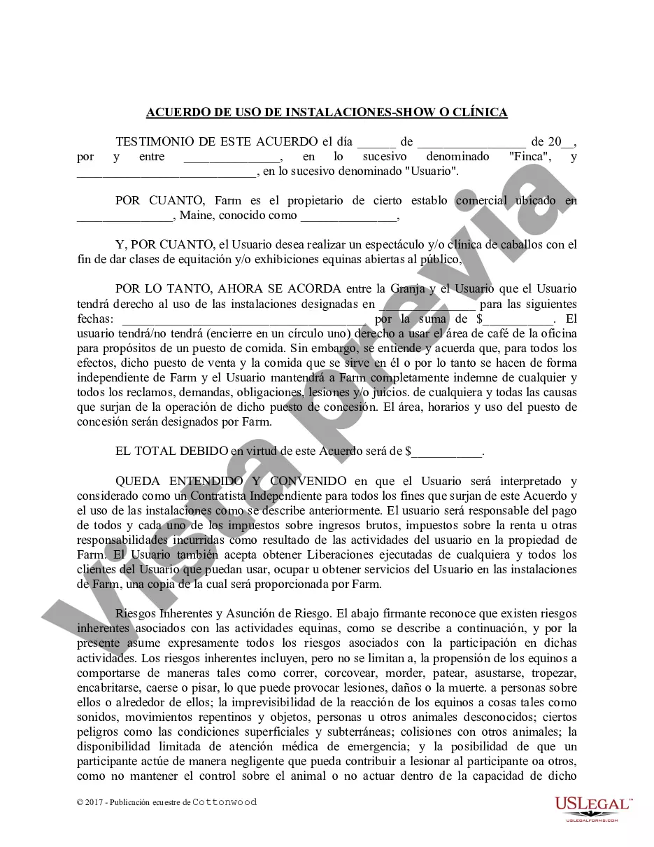 Preview Acuerdo de liberación de instalaciones - Espectáculo o clínica - Formularios equinos de caballos