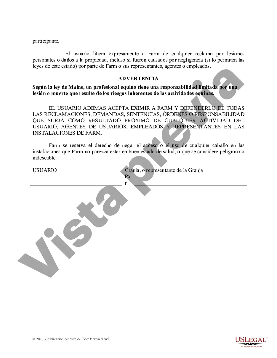 Preview Acuerdo de liberación de instalaciones - Espectáculo o clínica - Formularios equinos de caballos