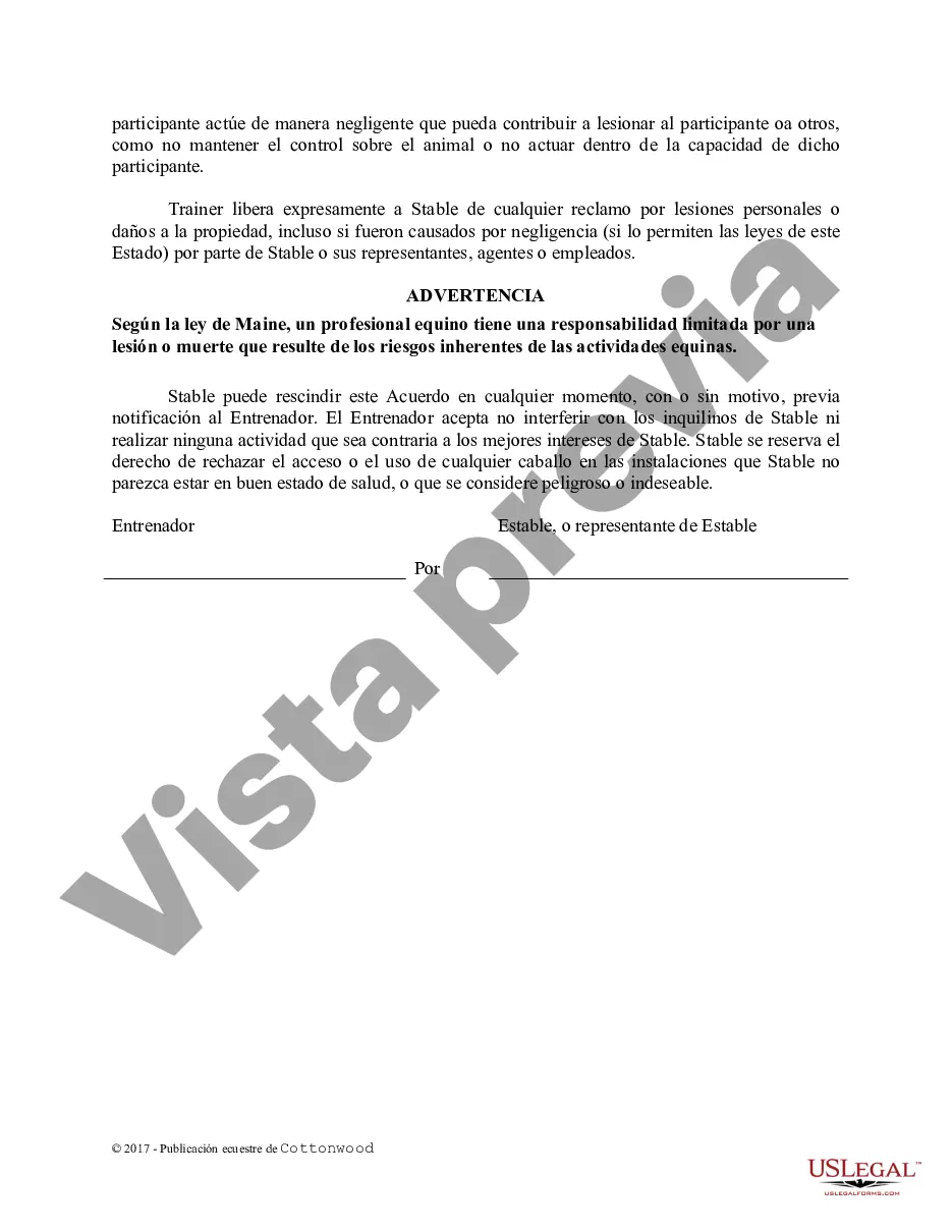 Preview Acuerdo de uso de las instalaciones del entrenador - Formularios equinos de caballos