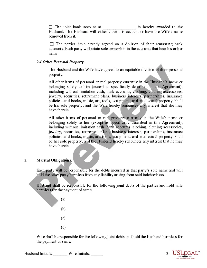 Preview Marital Domestic Separation and Property Settlement Agreement no children