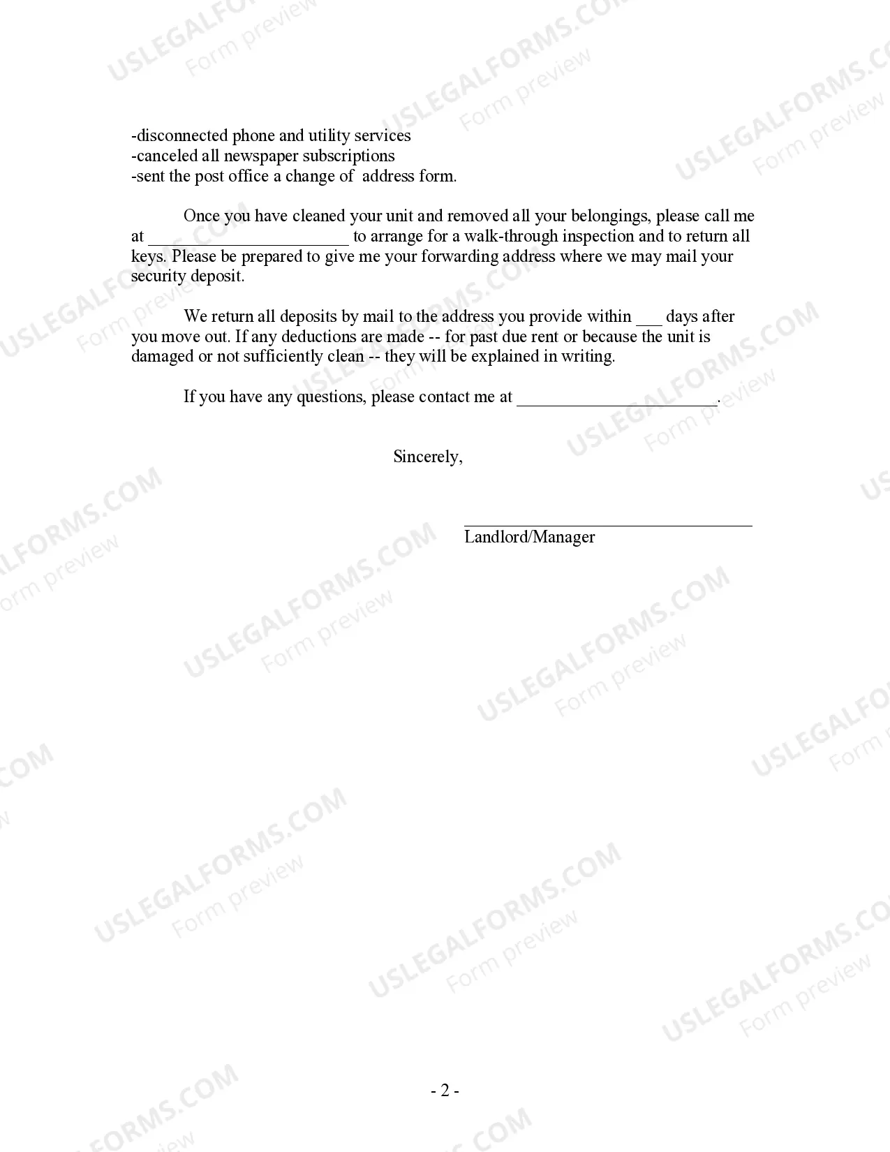 Preview Letter from Landlord to Tenant with Directions regarding cleaning and procedures for move out