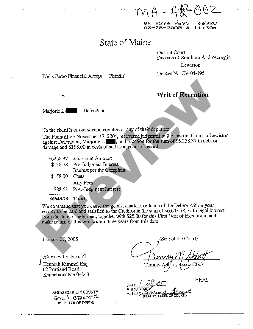 Maine writ of execution writ of execution maine us legal forms