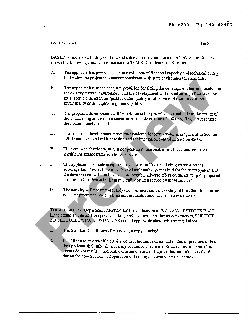 Preview Finding of Fact and Order regarding Development Project Maine Dept Environmental Protection