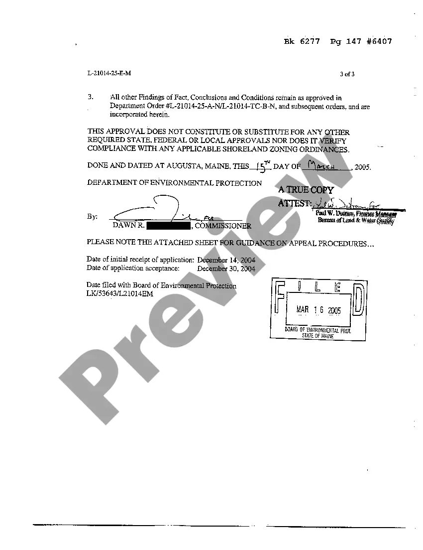 Preview Finding of Fact and Order regarding Development Project Maine Dept Environmental Protection