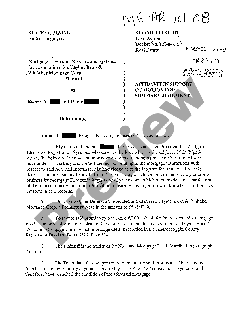 Maine Affidavit In Support of Motion For Summary Judgment US Legal Forms