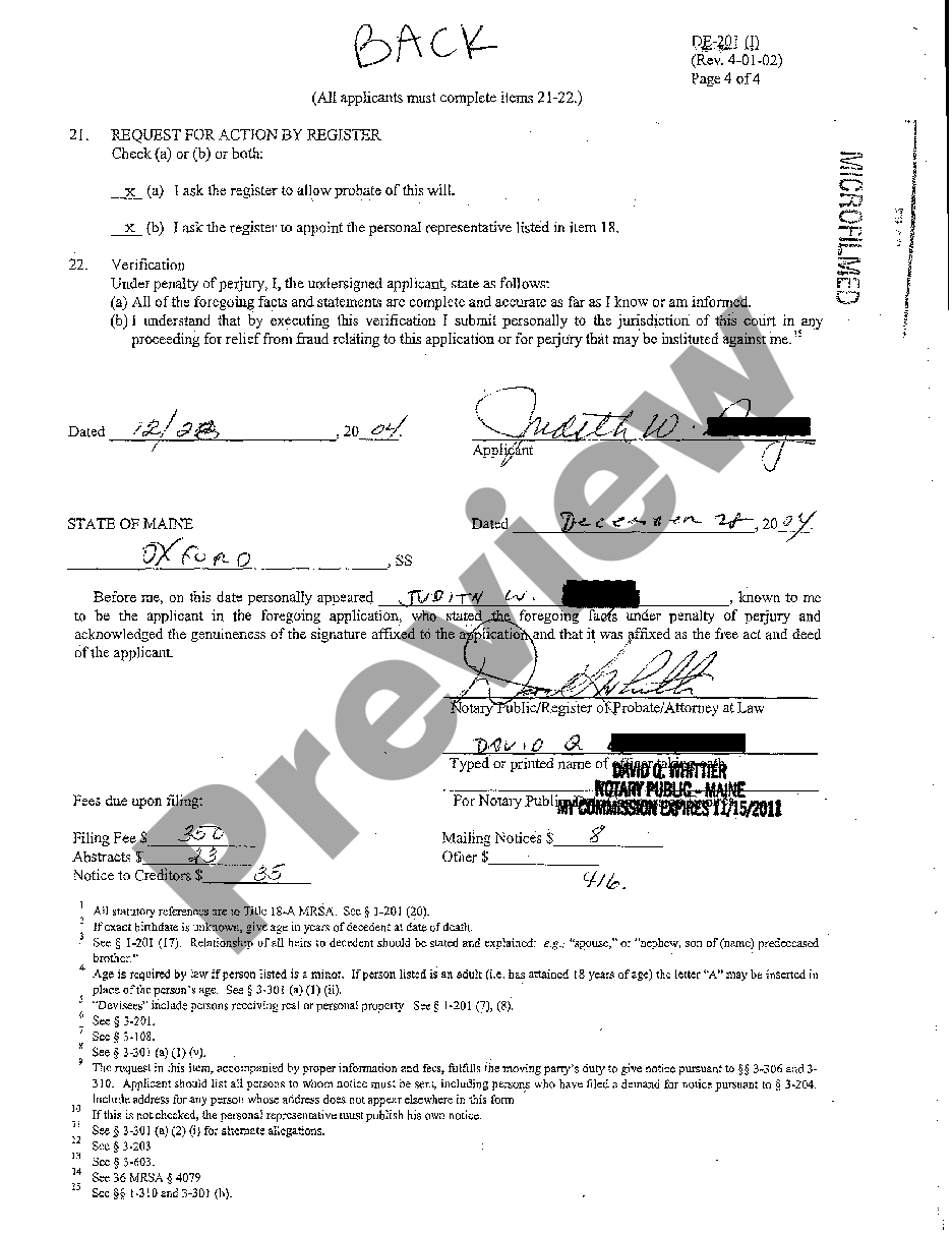 Maine Application For Informal Probate Of Will And Appointment Of Personal Representative Us 9784