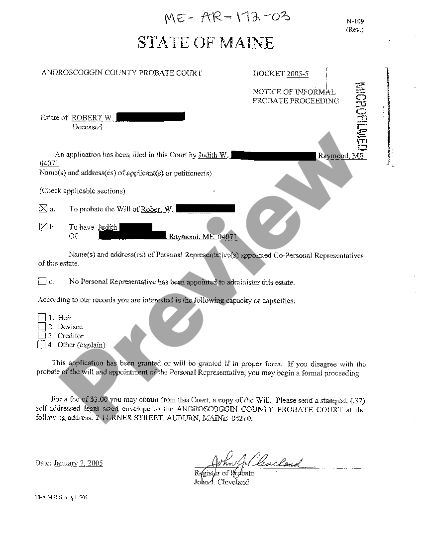 Maine Notice of Informal Probate Proceeding US Legal Forms